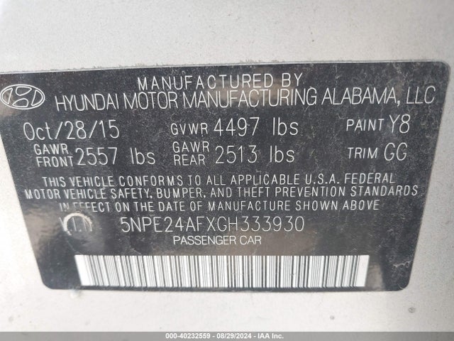 Hyundai SONATA SE 2016 5NPE24AFXGH333930 Image 9