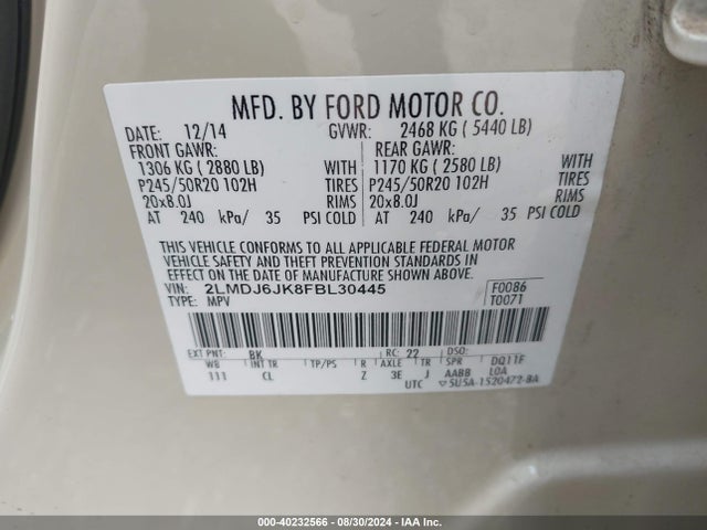 Lincoln MKX 2015 2LMDJ6JK8FBL30445 Image 9