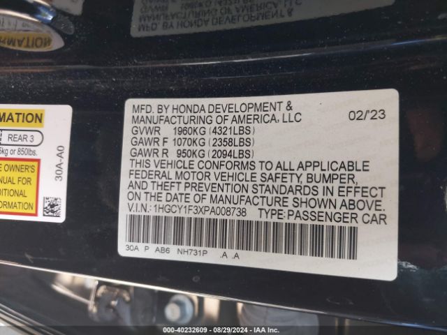 1HGCY1F3XPA008738 Honda ACCORD EX