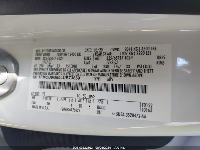 Ford ESCAPE SE 2020 1FMCU9G60LUB73669 Image 9