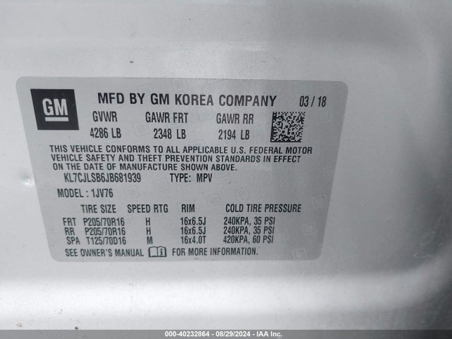 Chevrolet Trax Lt 2018 KL7CJLSB6JB681939 Image 9