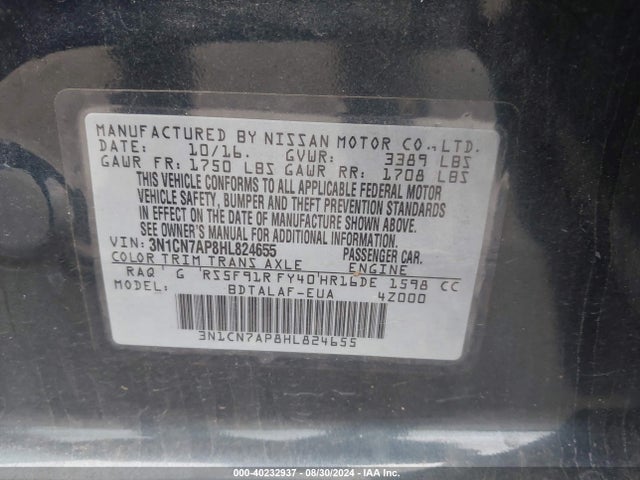 Nissan Versa 1.6 S 2017 3N1CN7AP8HL824655 Image 9