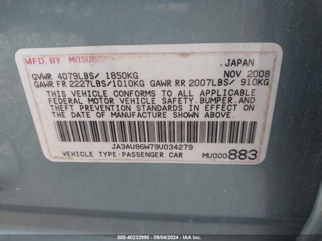 2009 MITSUBISHI LANCER JA3AU86W79U034279 Photo 8