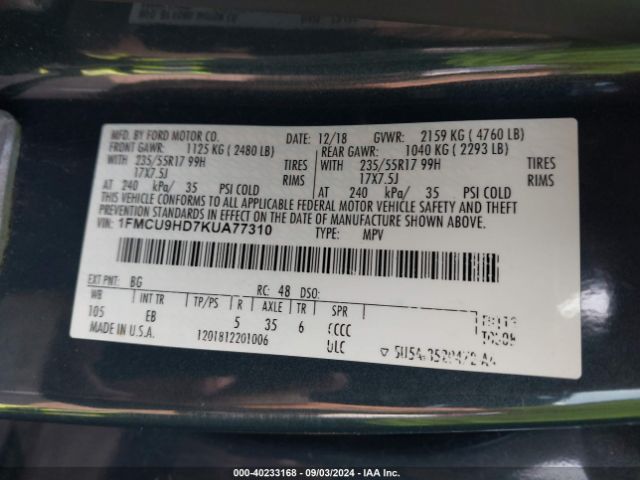1FMCU9HD7KUA77310 Ford ESCAPE SEL