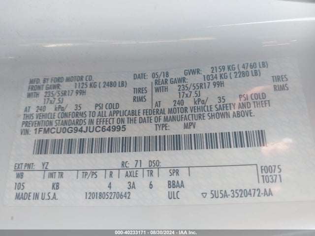 Ford ESCAPE SE 2018 1FMCU0G94JUC64995 Image 9