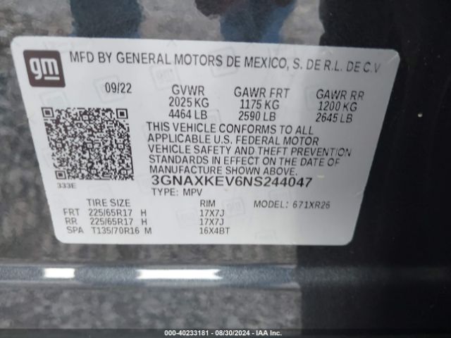 3GNAXKEV6NS244047 Chevrolet Equinox Fwd Lt