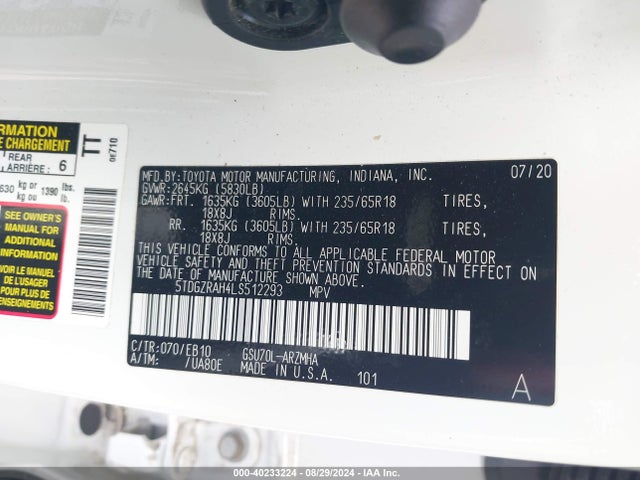 Toyota Highlander Xle 2020 5TDGZRAH4LS512293 Image 9