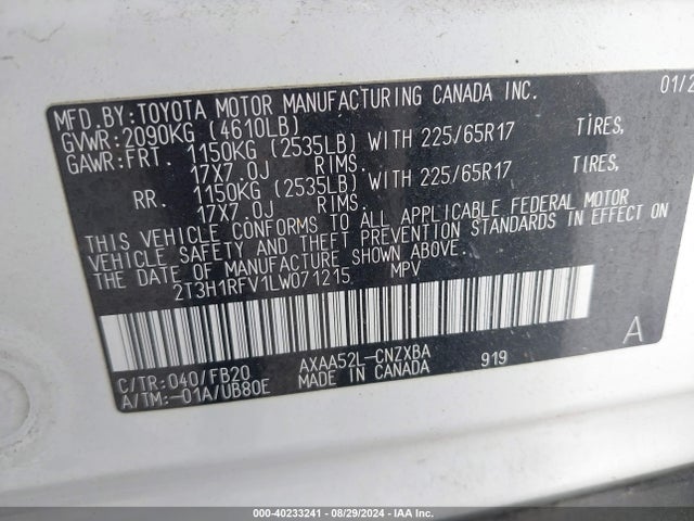 Toyota RAV4 LE 2020 2T3H1RFV1LW071215 Image 9