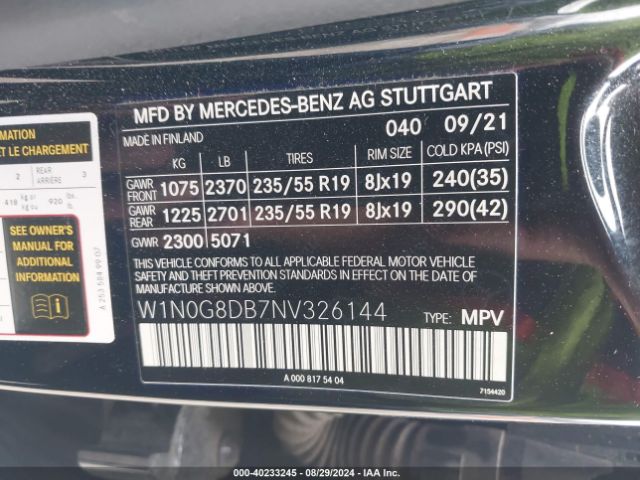 W1N0G8DB7NV326144 Mercedes-Benz Glc 300 Suv