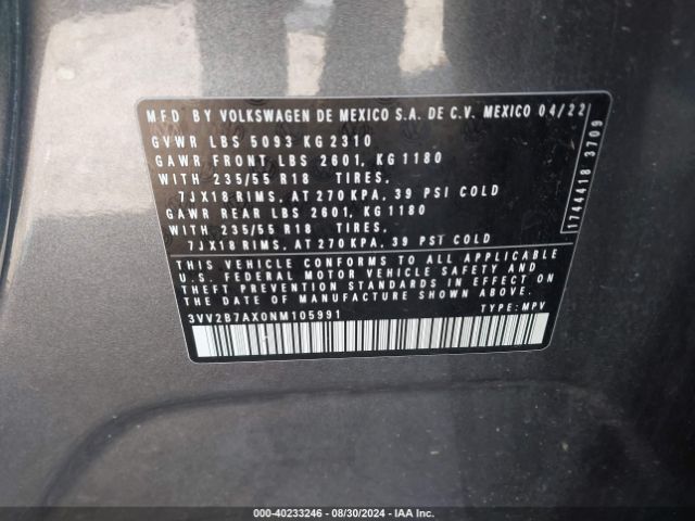 3VV2B7AX0NM105991 Volkswagen Tiguan 2.0t Se