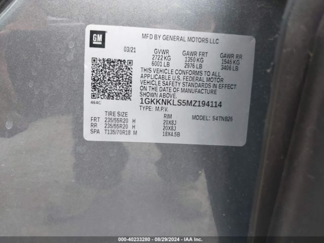 1GKKNKLS5MZ194114 GMC Acadia Fwd Sle