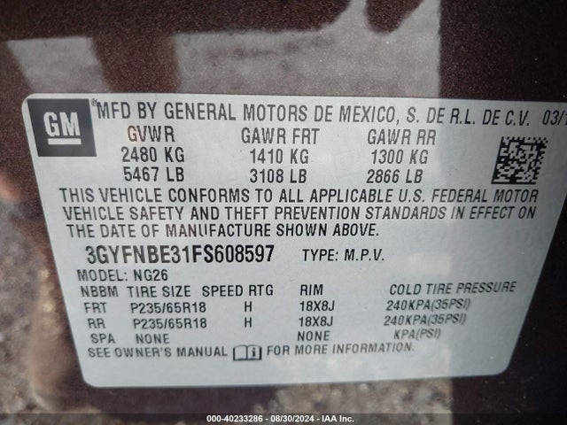 3GYFNBE31FS608597 Cadillac Srx Luxury Collection