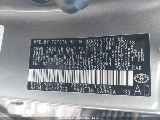 Toyota COROLLA LE 2018 2T1BURHE7JC112593 Image 9