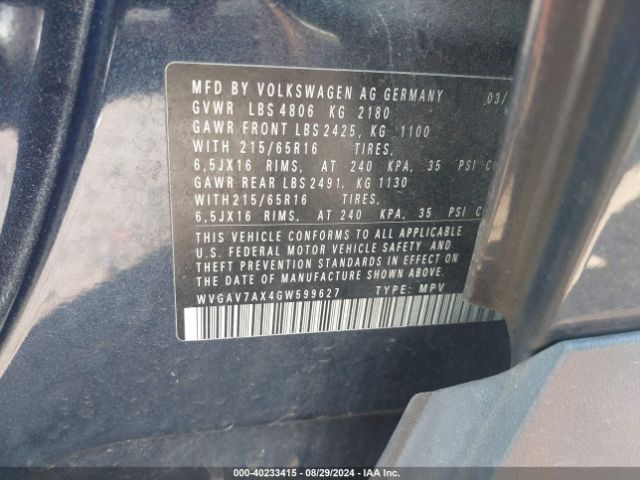 WVGAV7AX4GW599627 Volkswagen TIGUAN S