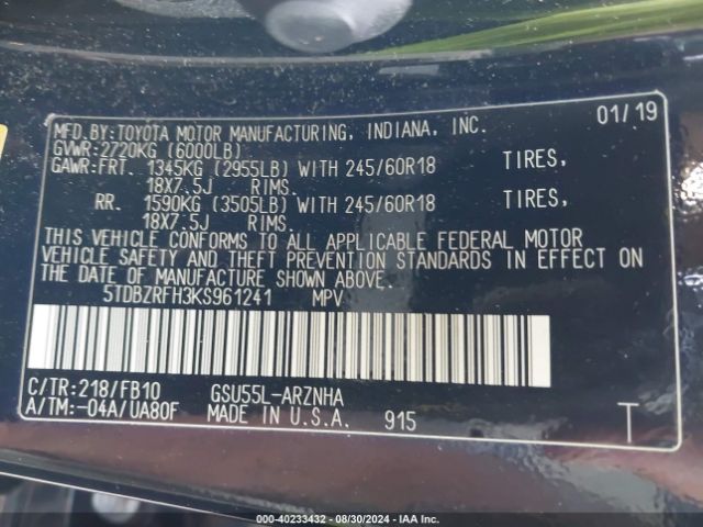 5TDBZRFH3KS961241 Toyota Highlander Le