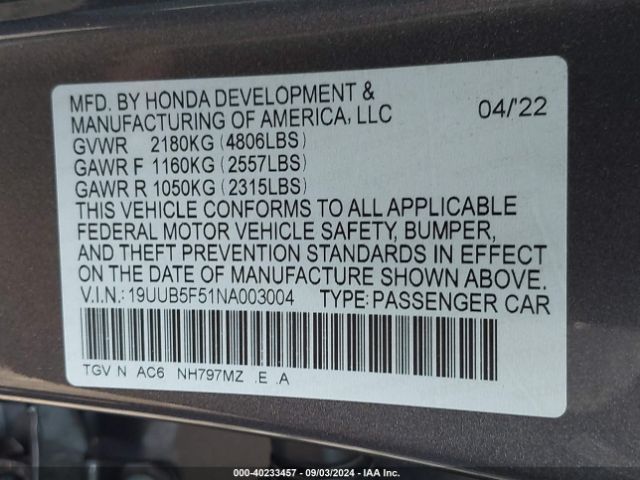 19UUB5F51NA003004 Acura Tlx A-spec Package