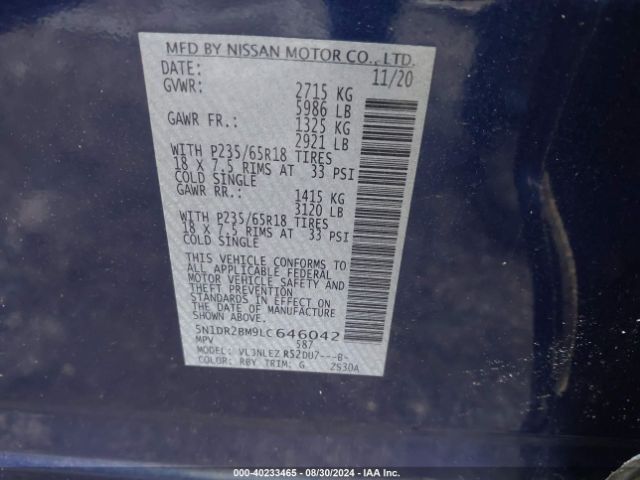 5N1DR2BM9LC646042 Nissan Pathfinder Sv 4wd