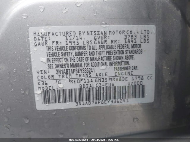 Nissan SENTRA S 2014 3N1AB7AP8EY336241 Image 9
