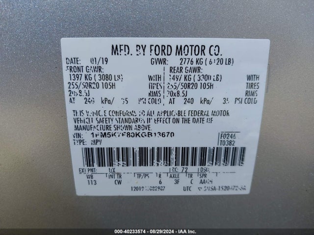 1FM5K7F80KGB13670 Ford Explorer Limited