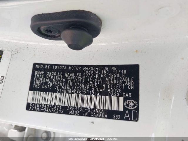 2T1BURHEXKC211913 Toyota Corolla Xle