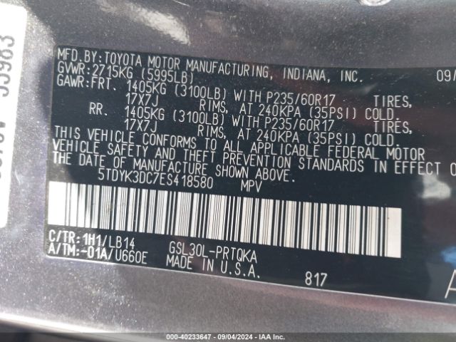 5TDYK3DC7ES418580 Toyota Sienna Xle V6 8 Passenger