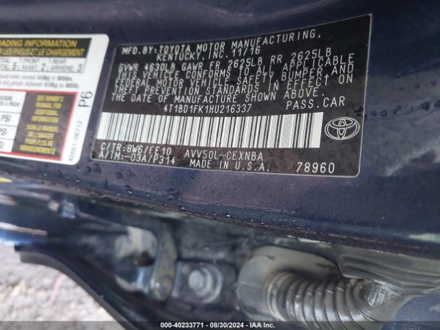 4T1BD1FK1HU216337 Toyota Camry Hybrid Le