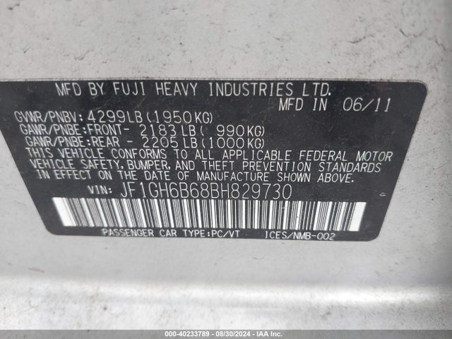 Продажа на аукционе авто 2011 Subaru Impreza 2.5i Premium, vin: JF1GH6B68BH829730, номер лота: 40233789