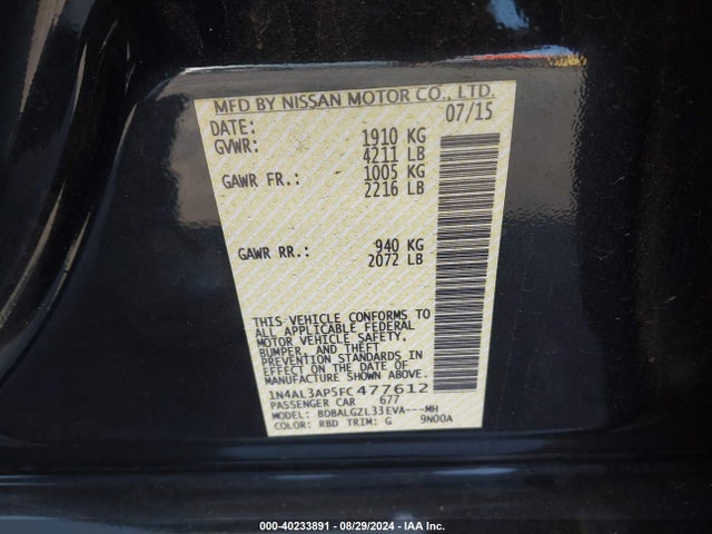 Nissan Altima 2.5 S 2015 1N4AL3AP5FC477612 Image 9