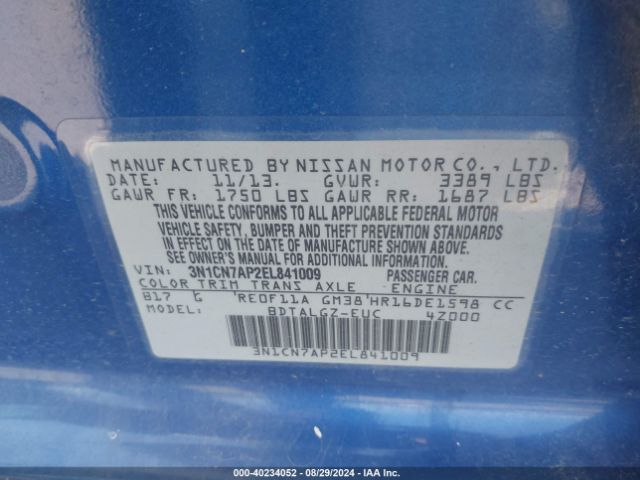 3N1CN7AP2EL841009 Nissan Versa 1.6 Sl