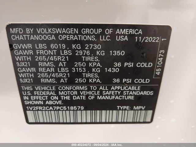 1V2FR2CA7PC518579 Volkswagen Atlas 3.6l V6 Sel Premium R-line