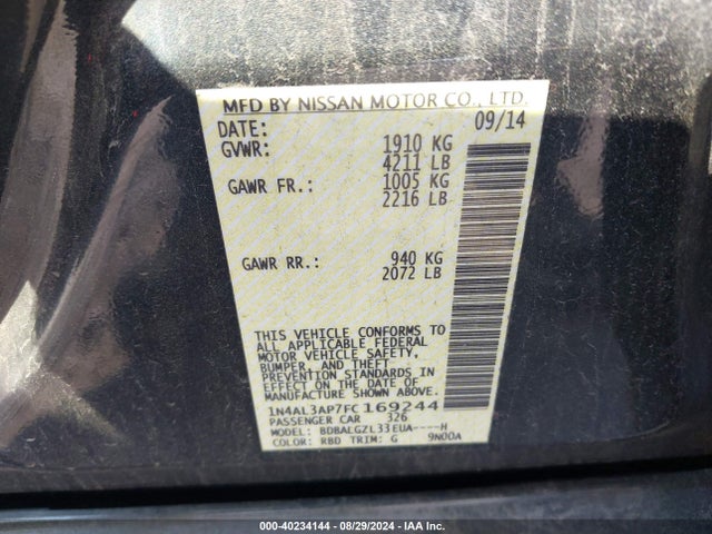 Nissan Altima 2.5 S 2015 1N4AL3AP7FC169244 Image 9