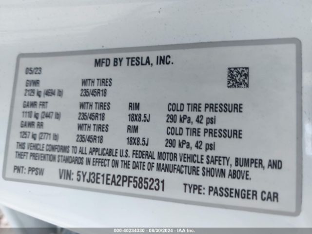 5YJ3E1EA2PF585231 Tesla Model 3 Rear-wheel Drive