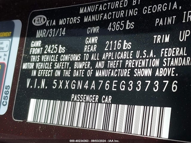 KIA OPTIMA EX 2014 5XXGN4A76EG337376 Image 9