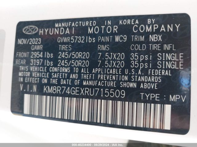 KM8R74GEXRU715509 Hyundai Palisade Calligraphy