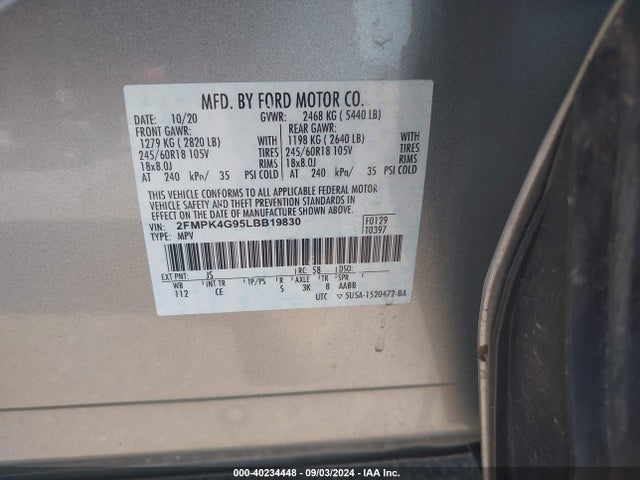 Ford EDGE SE 2020 2FMPK4G95LBB19830 Image 9