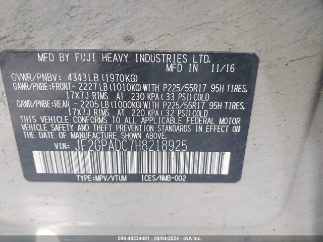 Subaru Crosstrek 2.0i Premium 2017 JF2GPADC7H8218925 Image 9