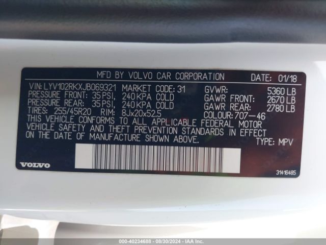 LYV102RKXJB069321 Volvo Xc60 T5 Momentum