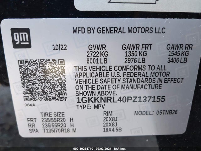 1GKKNRL40PZ137155 GMC Acadia Awd Sle