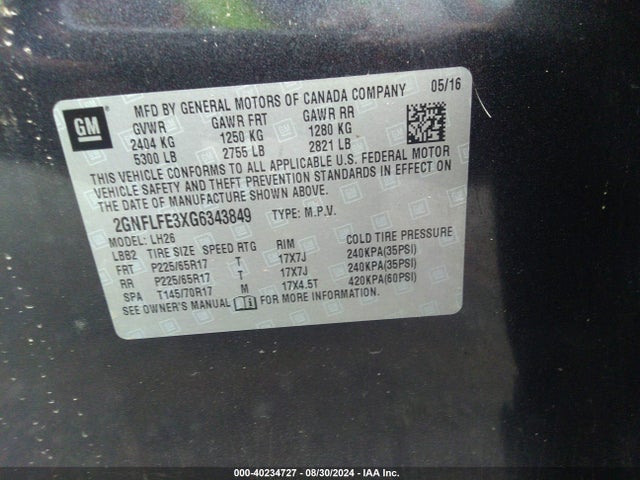 Chevrolet EQUINOX LT 2016 2GNFLFE3XG6343849 Image 9