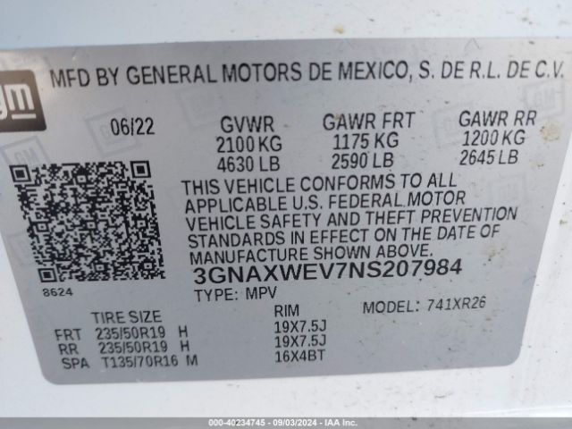 3GNAXWEV7NS207984 Chevrolet Equinox Awd Rs