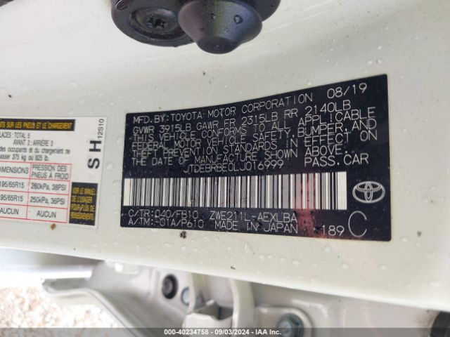 JTDEBRBE0LJ016999 Toyota Corolla Hybrid Le