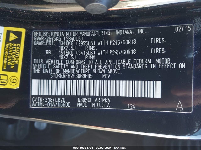 Toyota Highlander Xle V6 2015 5TDKKRFH2FS069685 Image 9