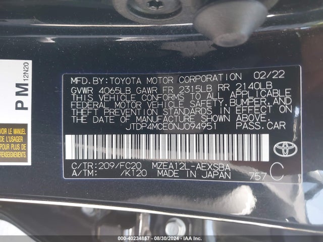 Toyota COROLLA SE 2022 JTDP4MCE0NJ094951 Image 9