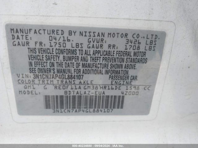 3N1CN7AP4GL884107 Nissan Versa 1.6 S+