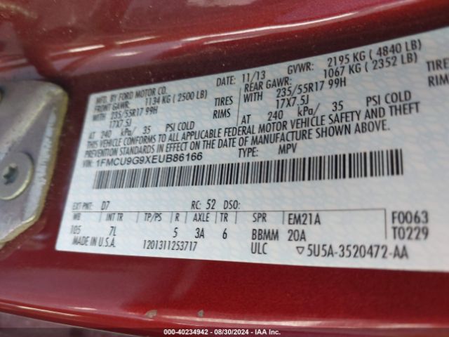 1FMCU9G9XEUB86166 Ford ESCAPE SE