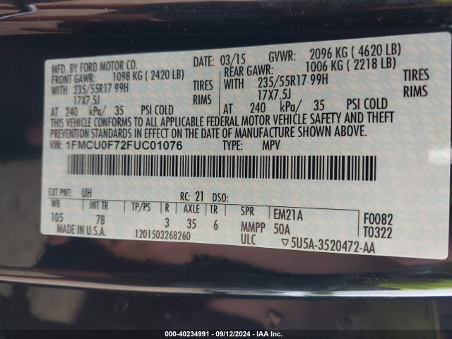 Ford ESCAPE S 2015 1FMCU0F72FUC01076 Image 9