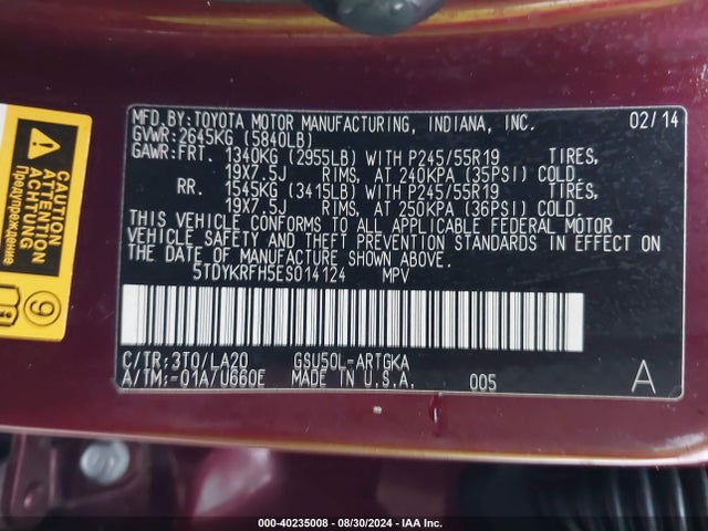 5TDYKRFH5ES014124 Toyota Highlander Limited V6