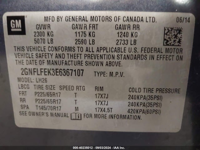 Chevrolet EQUINOX 1LT 2014 2GNFLFEK3E6367107 Image 9