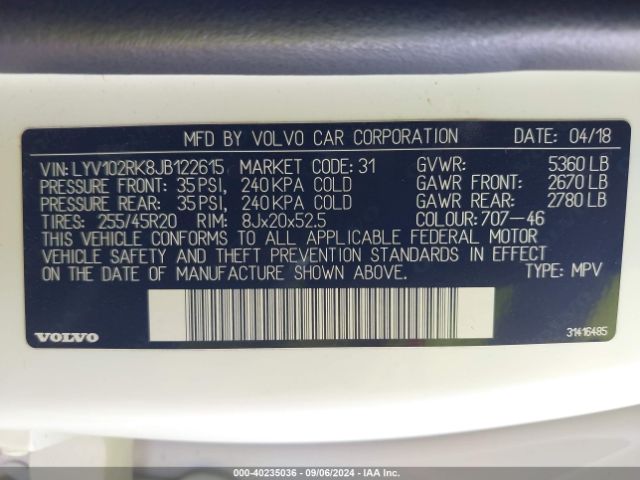 LYV102RK8JB122615 Volvo Xc60 T5 Momentum