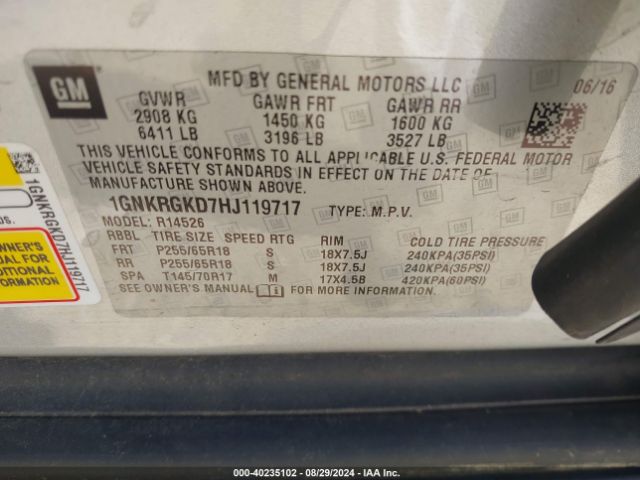 1GNKRGKD7HJ119717 Chevrolet Traverse 1lt